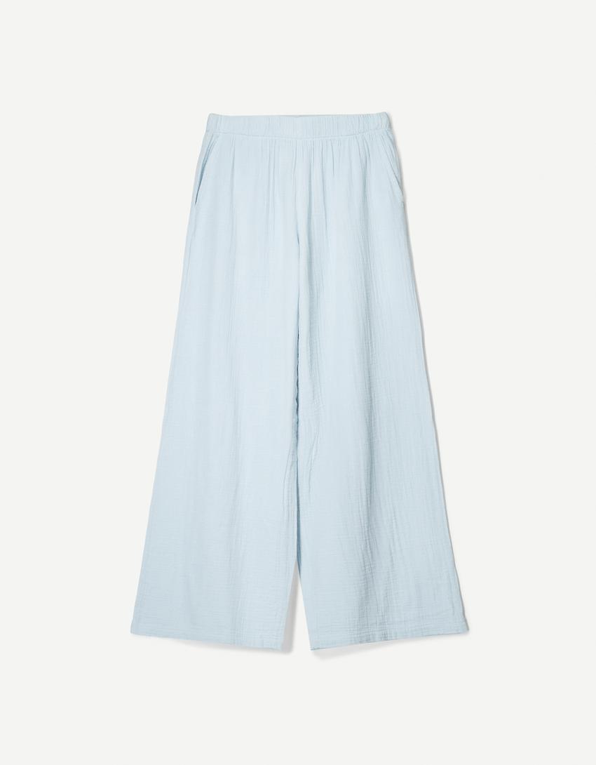 Pantalon wide leg rustique double cloth-Bleu clair