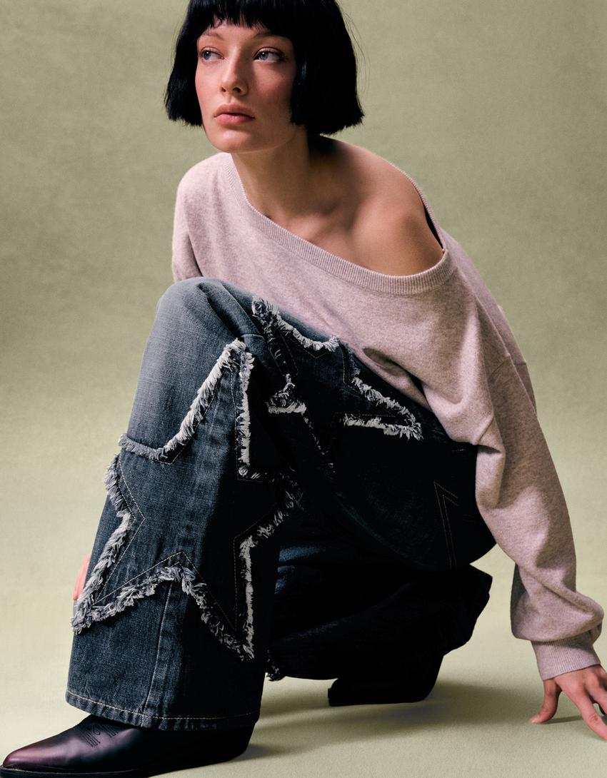 Jeans baggy fit bordado estrelas-Azul