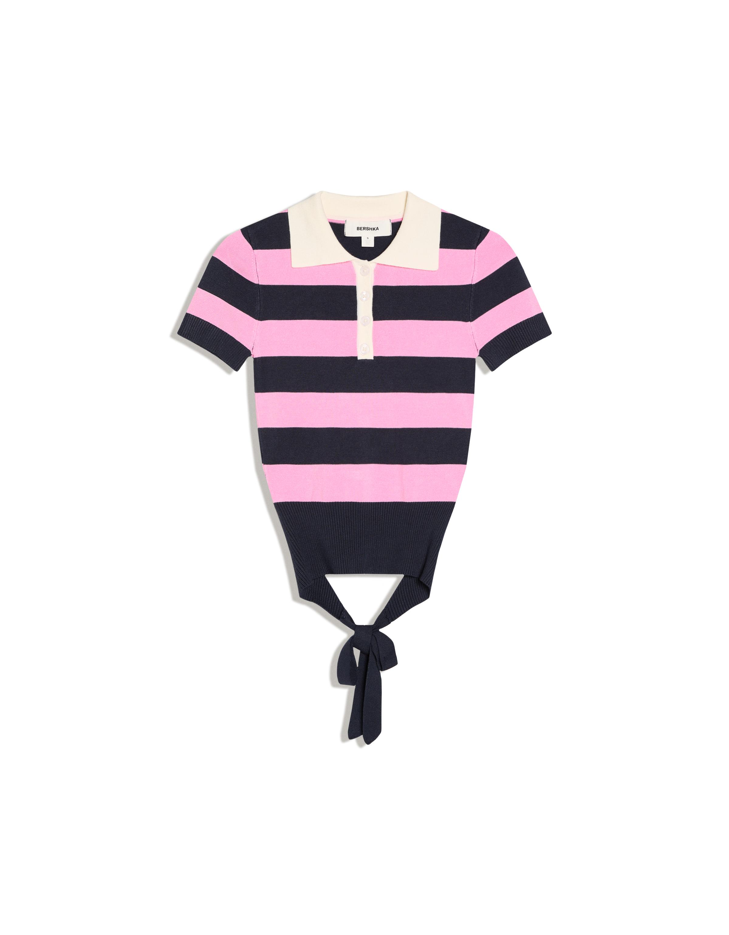 Short-sleeved stripe knit jumper — Pink