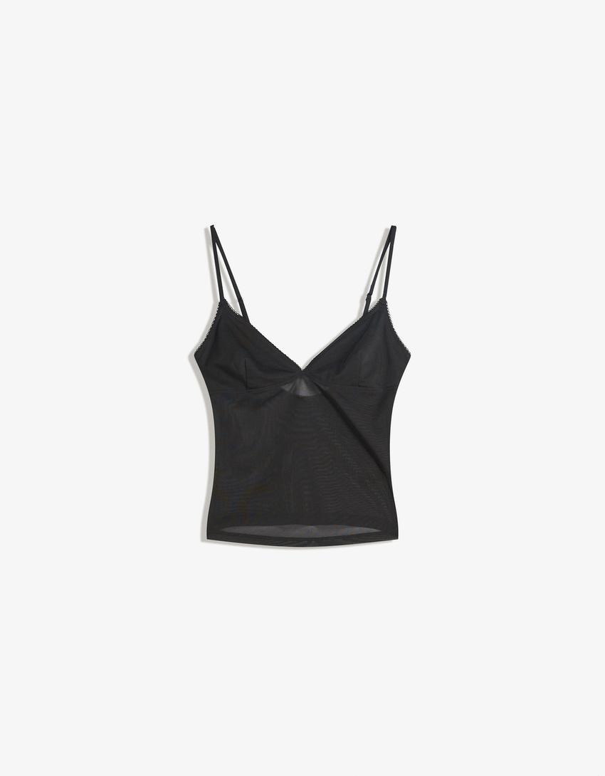 Printed mesh strappy top-Black