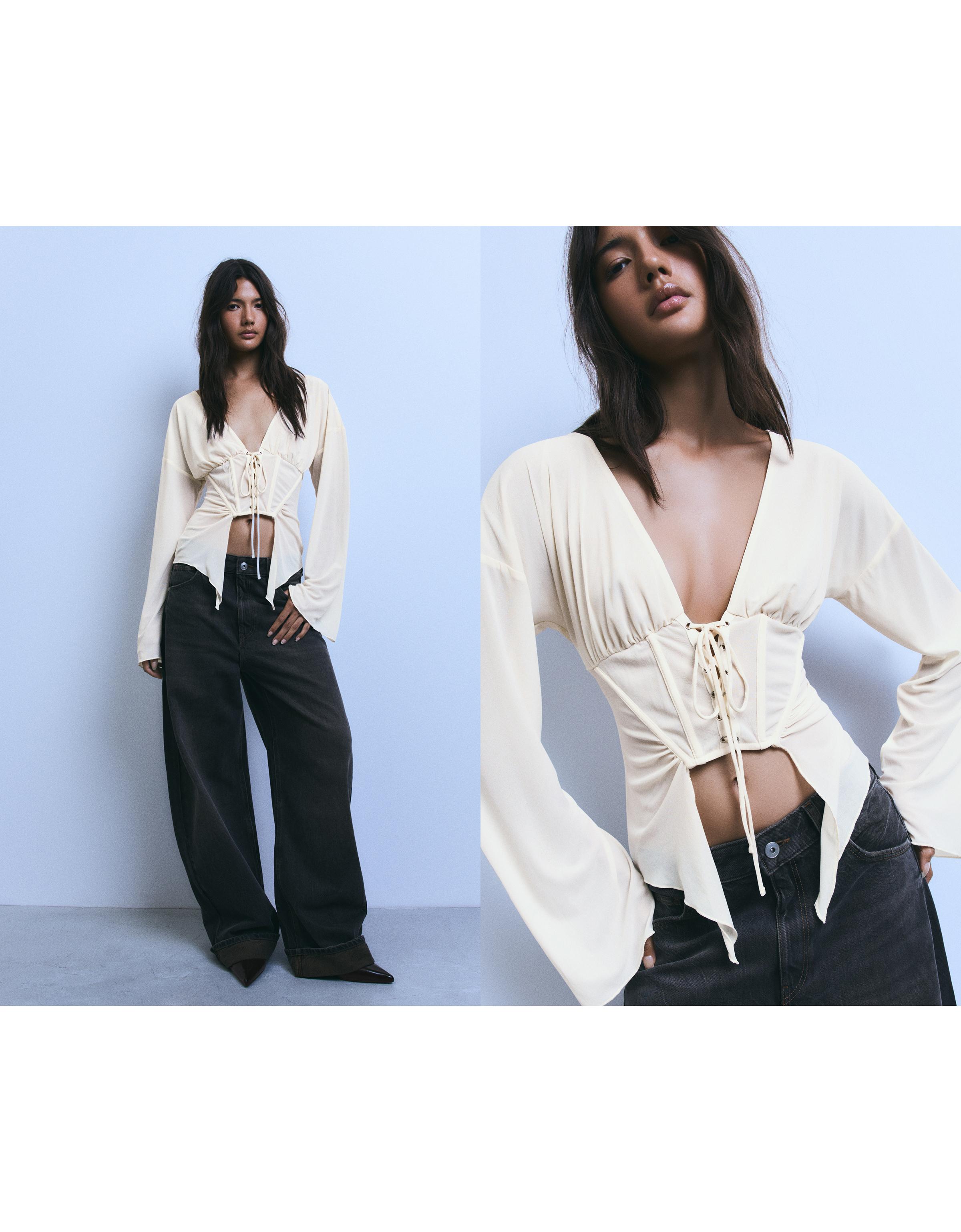 Long sleeve corset-effect T-shirt — Cream