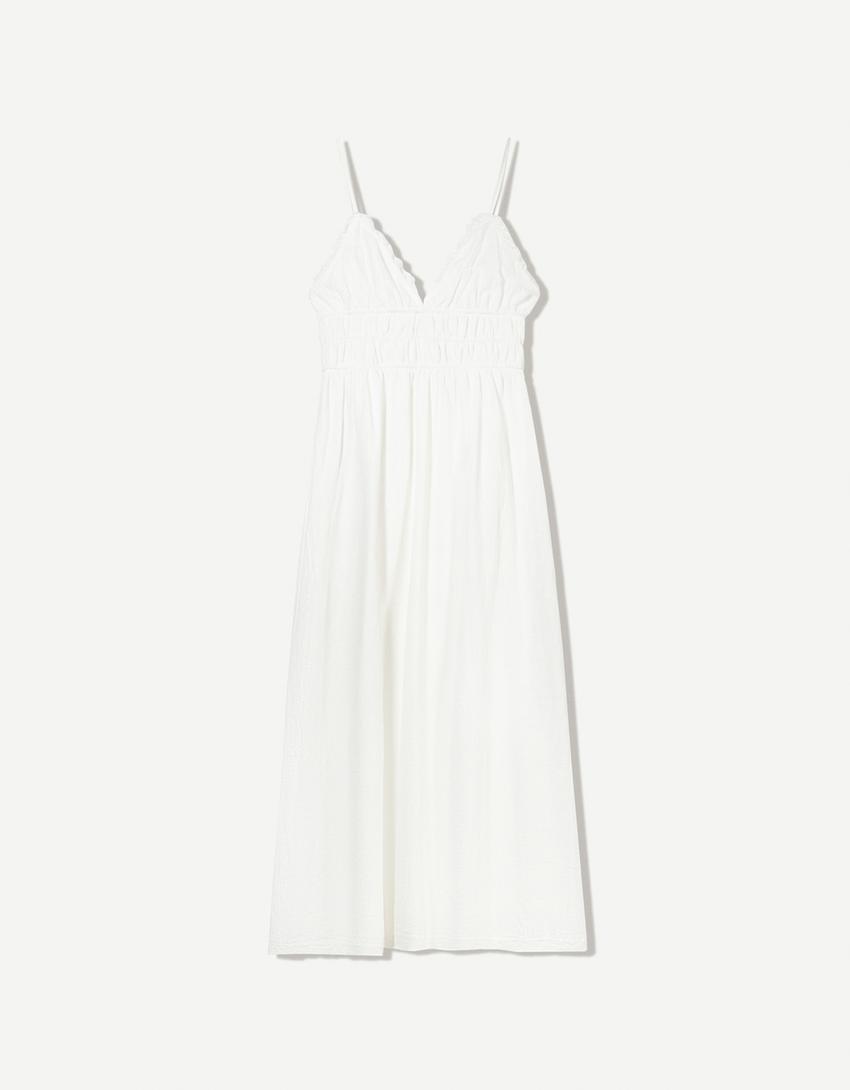 Robe midi rustique volants-Blanc-3