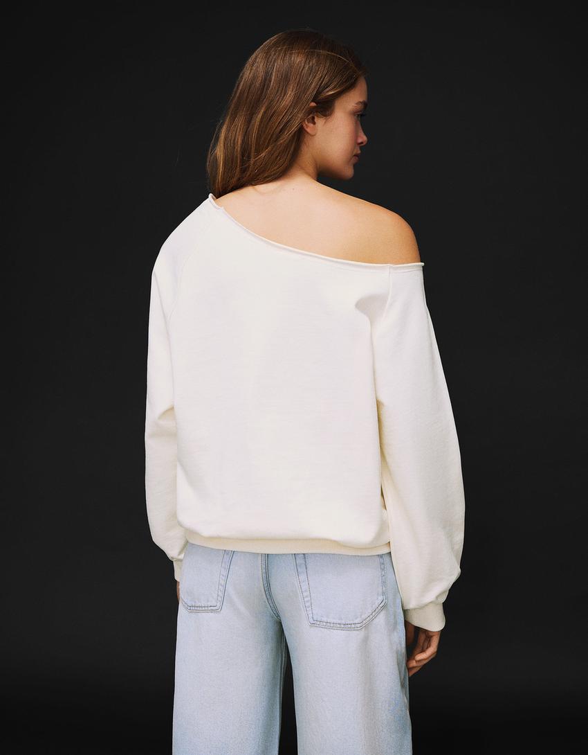 Asimetrik baskılı sweatshirt-Krem