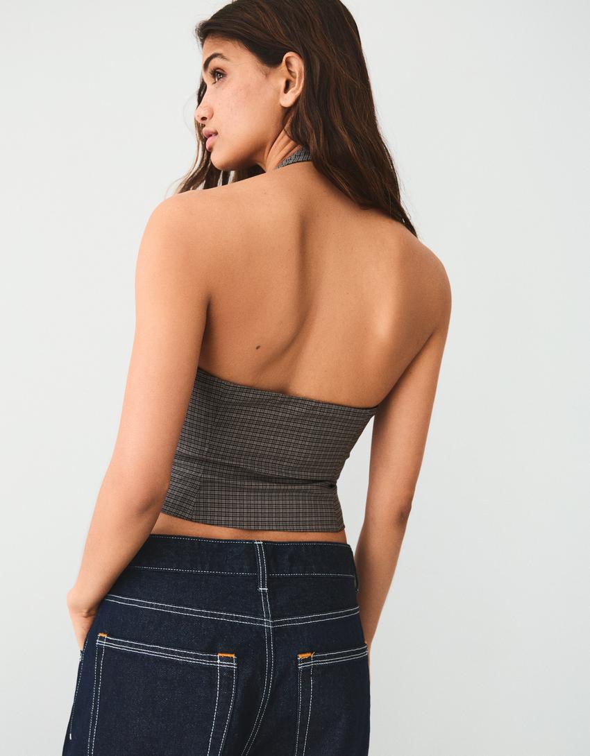 Fitted halter check vest-Grey