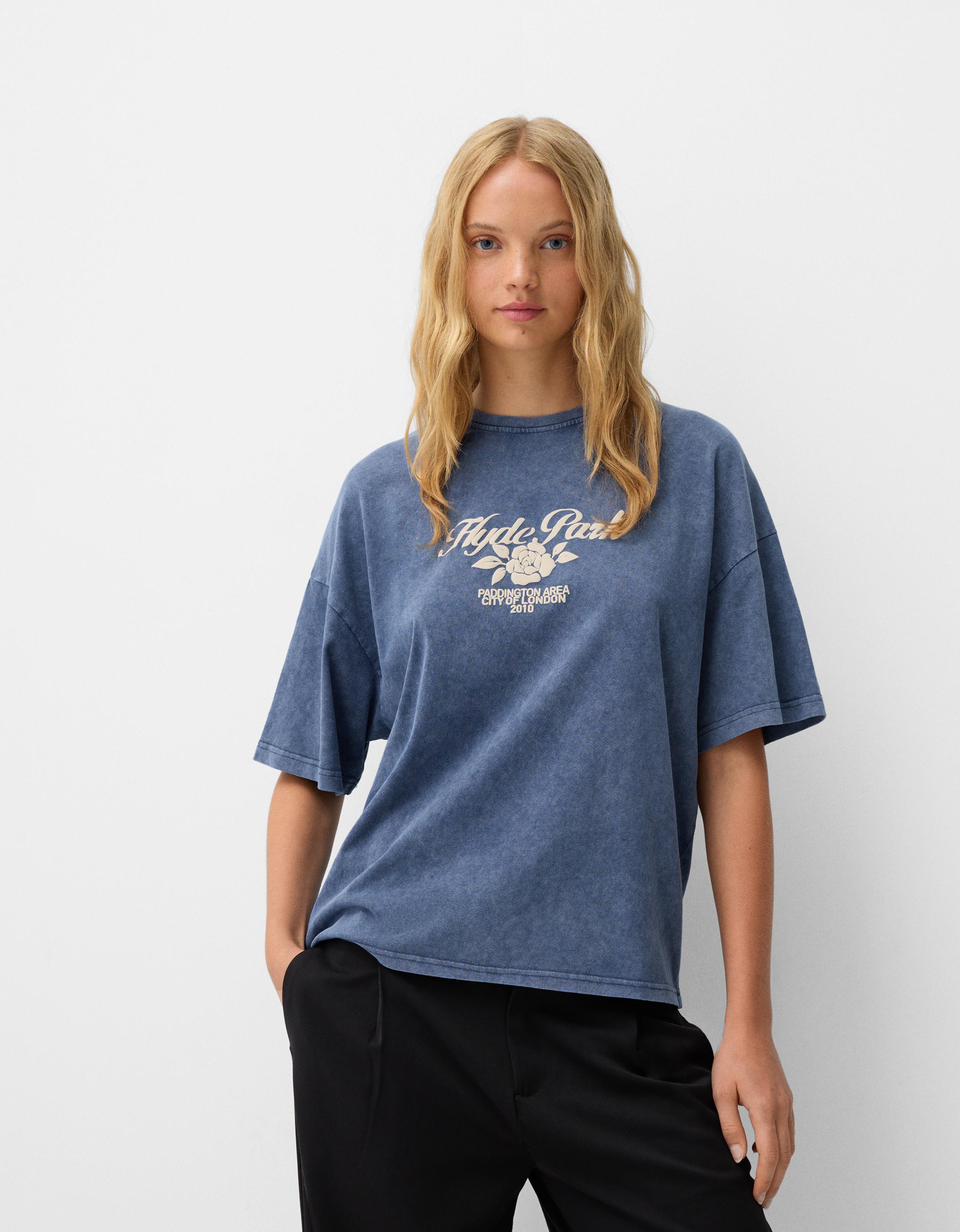 Bershka T-Shirt Mit Print Damen L Grau