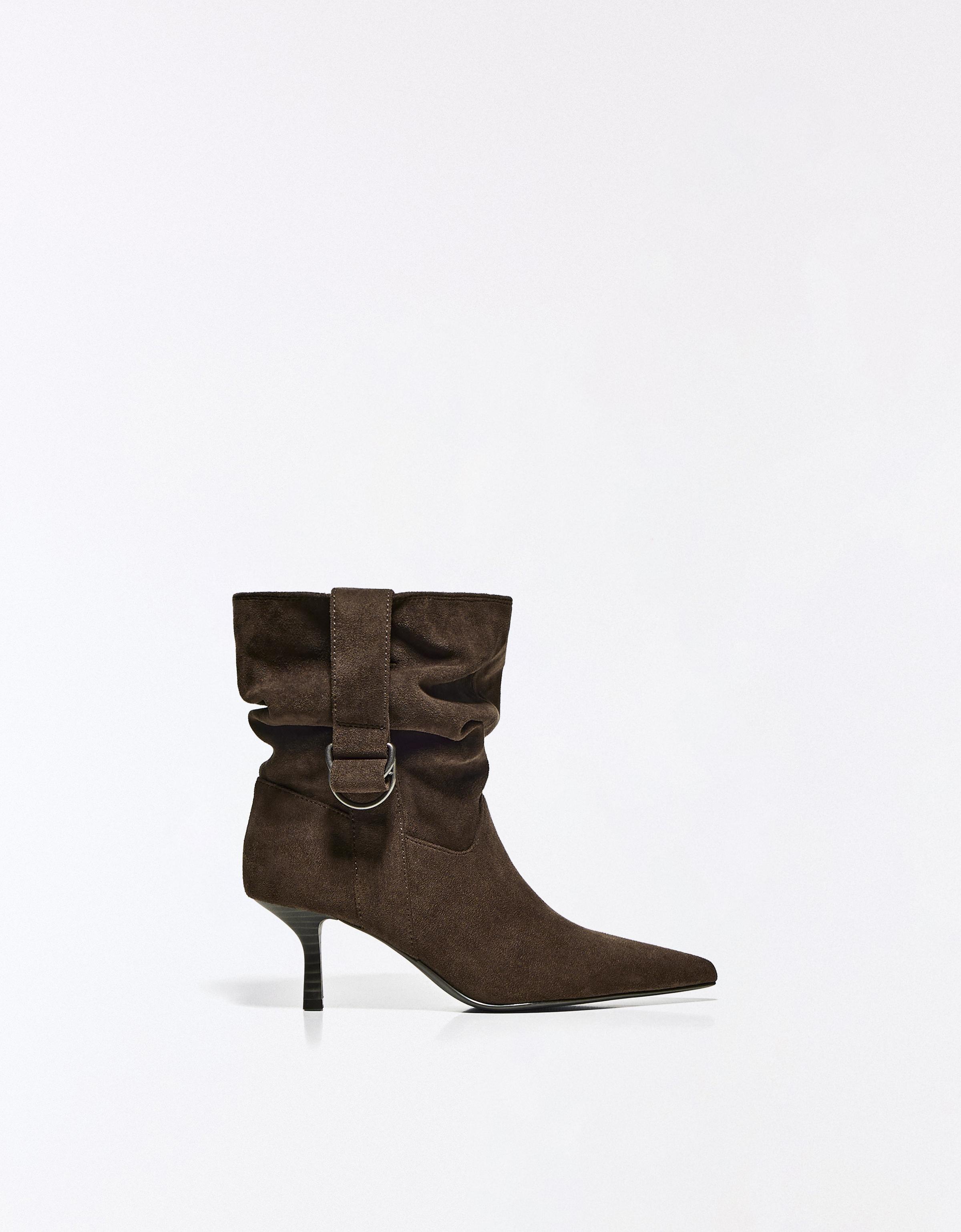SLOUCHY BUCKLE HEEL ANKLE BOOTS — TAUPE