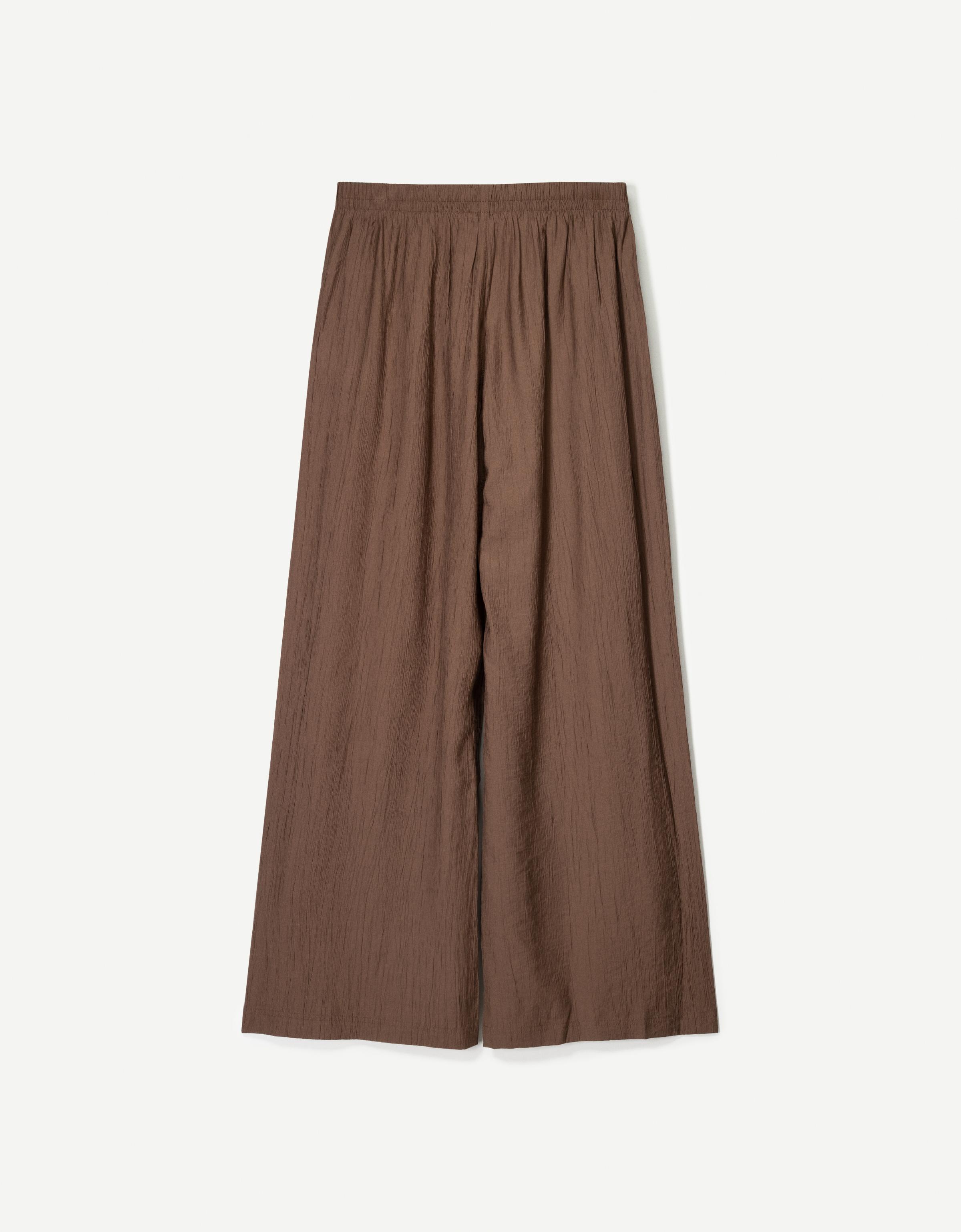 Flowing wide-leg textured trousers with drawstring — Brown