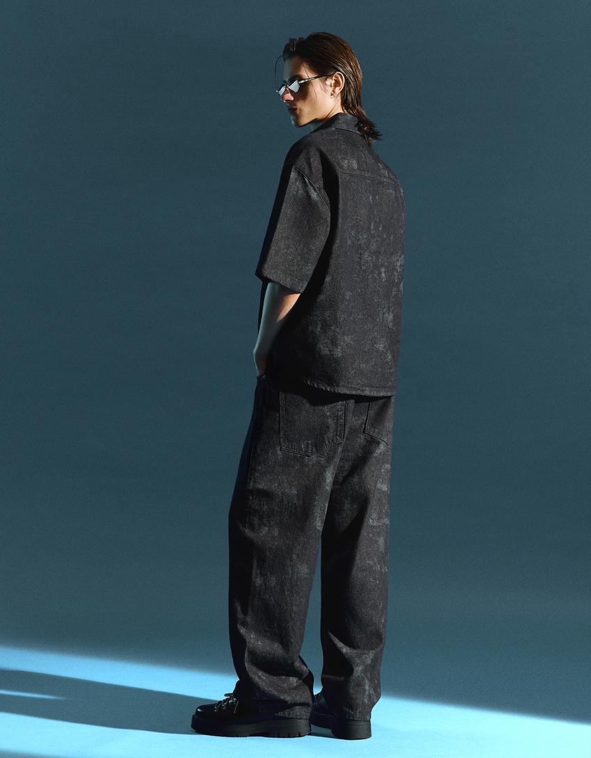 Chemise à manches courtes Boxy fit imprimée-Noir