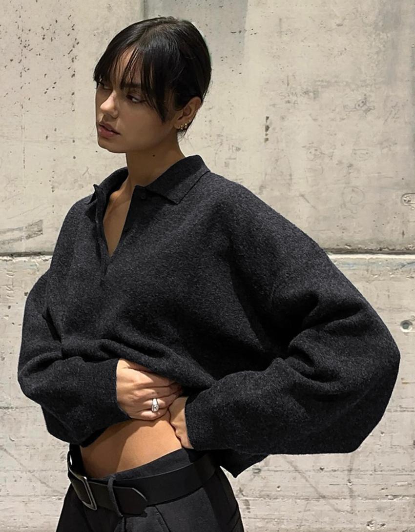 Pull boxy fit col polo-Gris