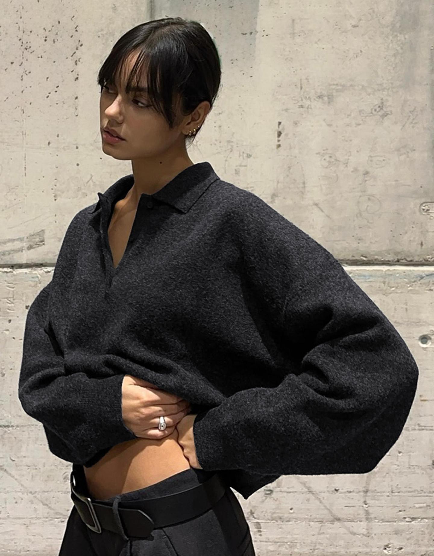 Bershka sweter boxy z kołnierzykiem typu polo szary