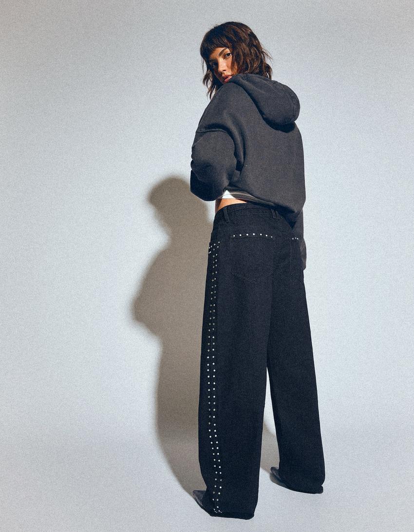 Zımbalı baggy barrel fit Jean-Denizci mavisi
