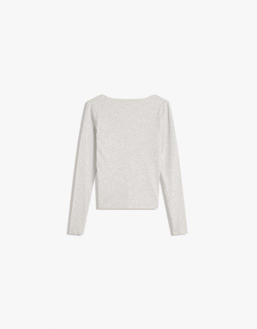 Tricou mânecă lungă guler în V-Gri-4