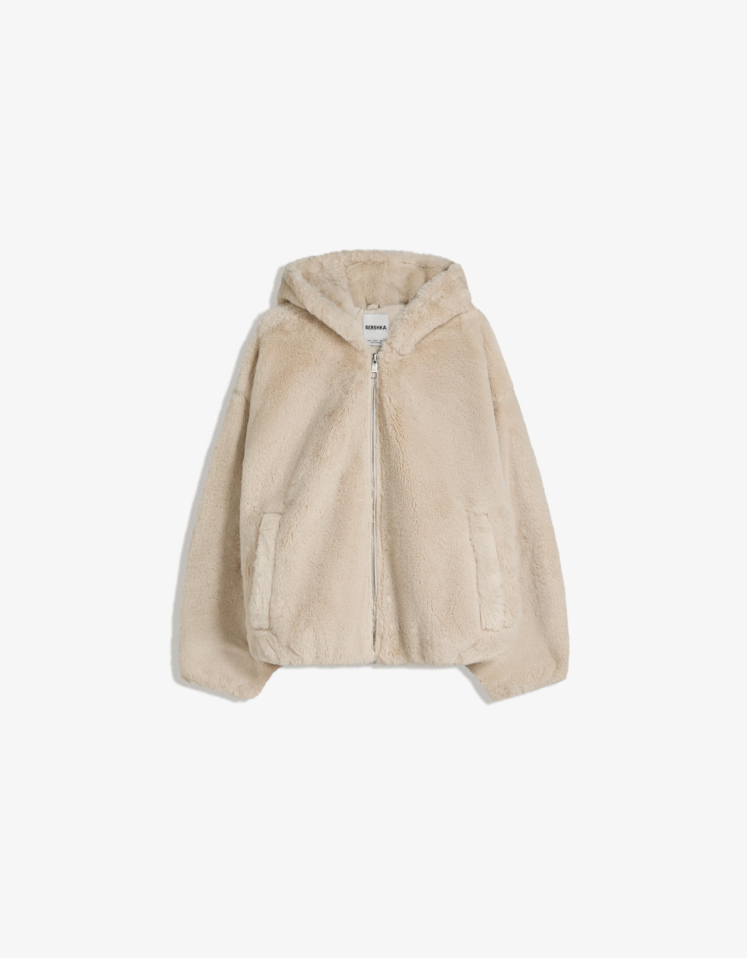 Bershka Kunstfelljacke Mit Kapuze Damen S Sandfarbe