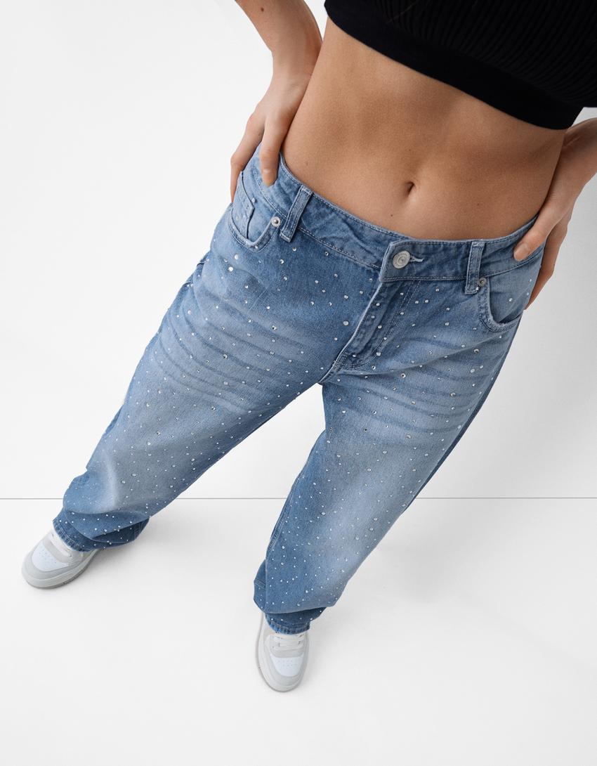 Baggy jeans with rhinestones-Light blue-3