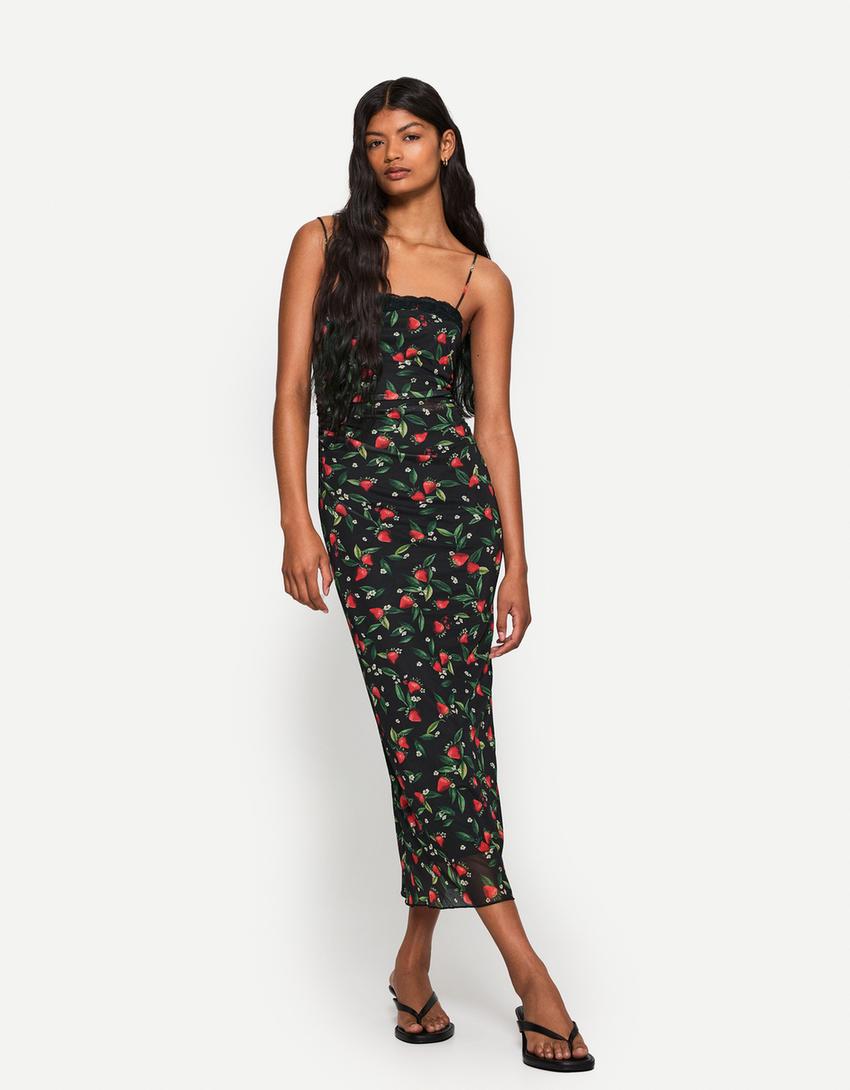 Robe midi en tulle imprimée-Noir-0
