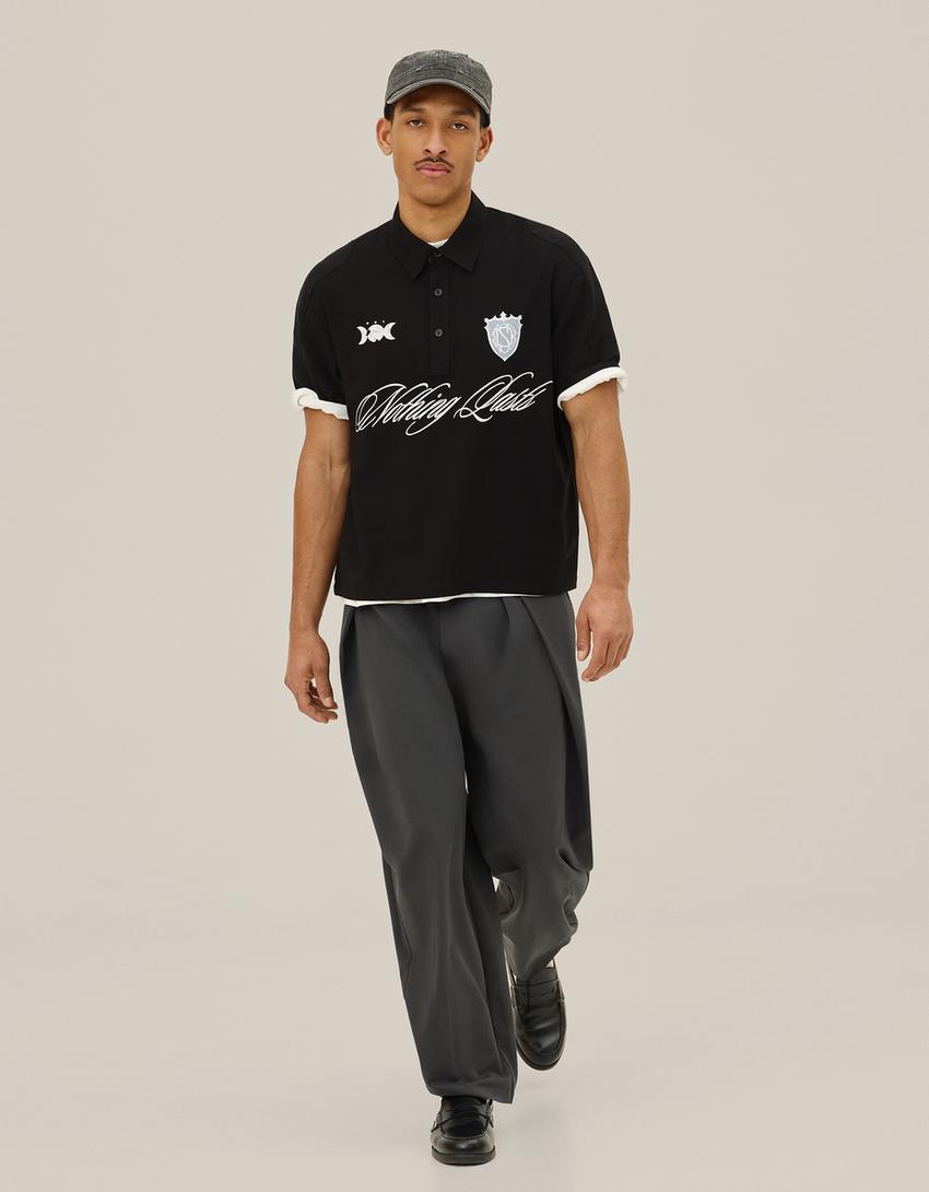 Kısa kollu nakışlı polo-Siyah