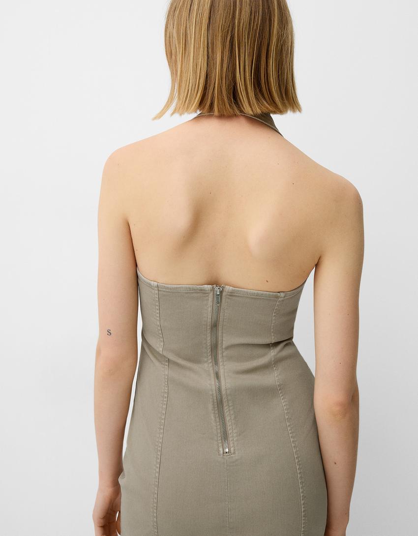 Vestido mini halter sarga-Camel-2