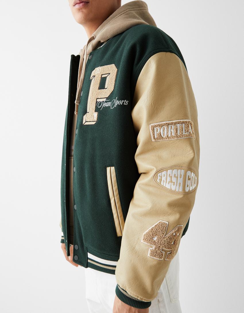 Felt texture varsity jacket with leather effect sleeves-Green
