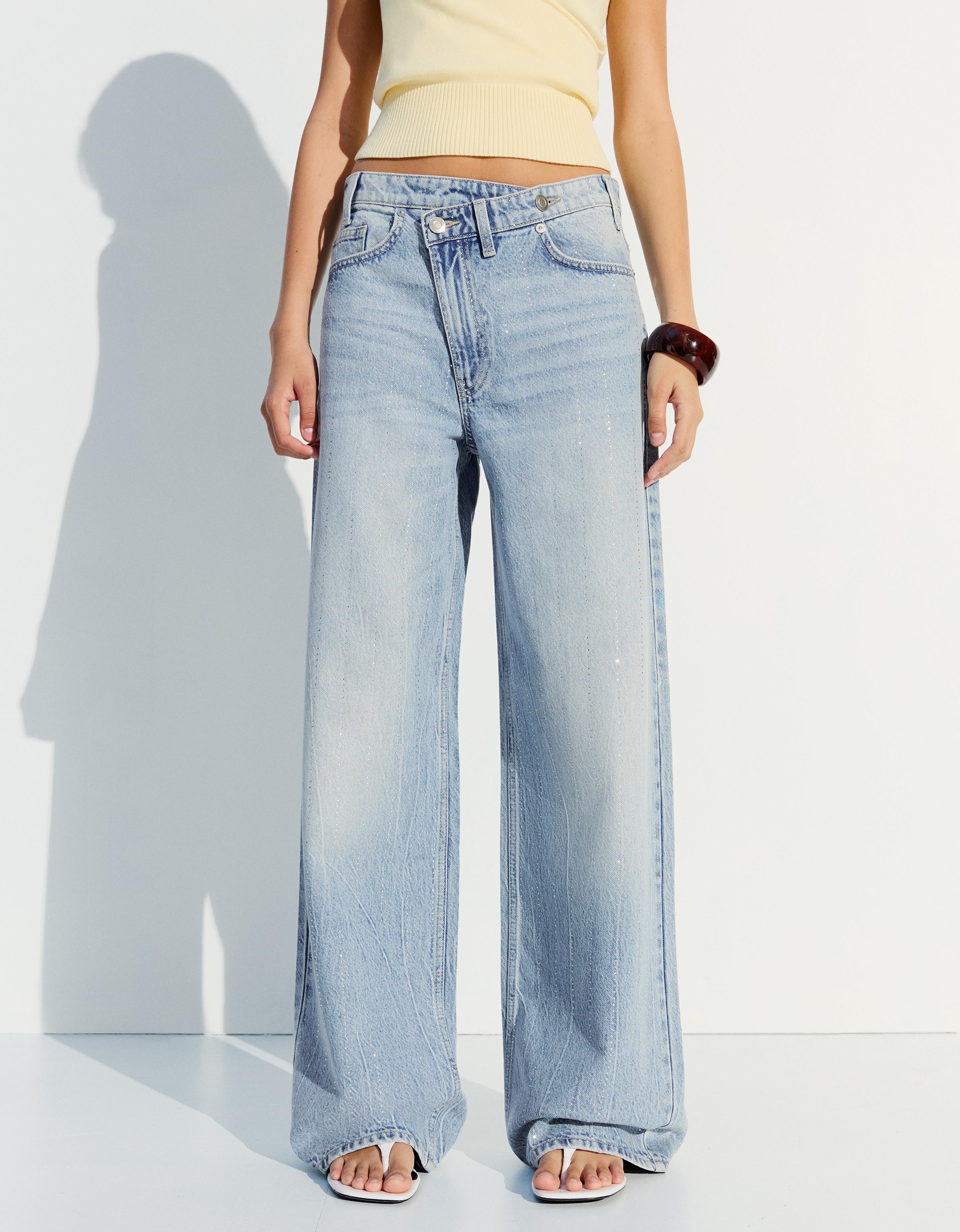 Shimmery wide-leg jeans with crossover waist — Light blue