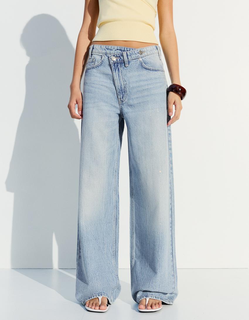 Shimmery wide-leg jeans with crossover waist-Light blue