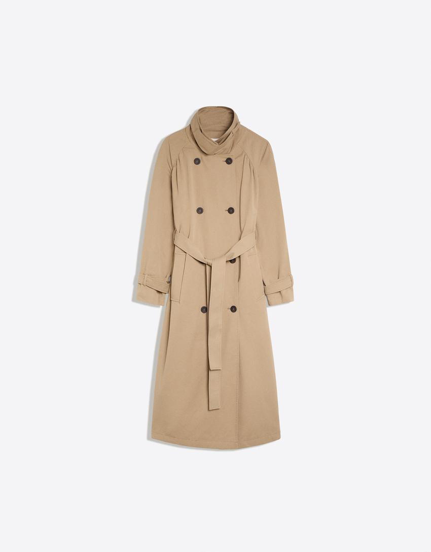 Long gathered trench coat with belt-Sand