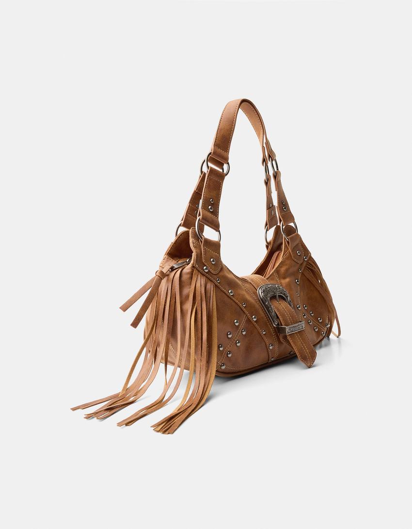 Tokalı püsküllü çanta-Kahverengi-4