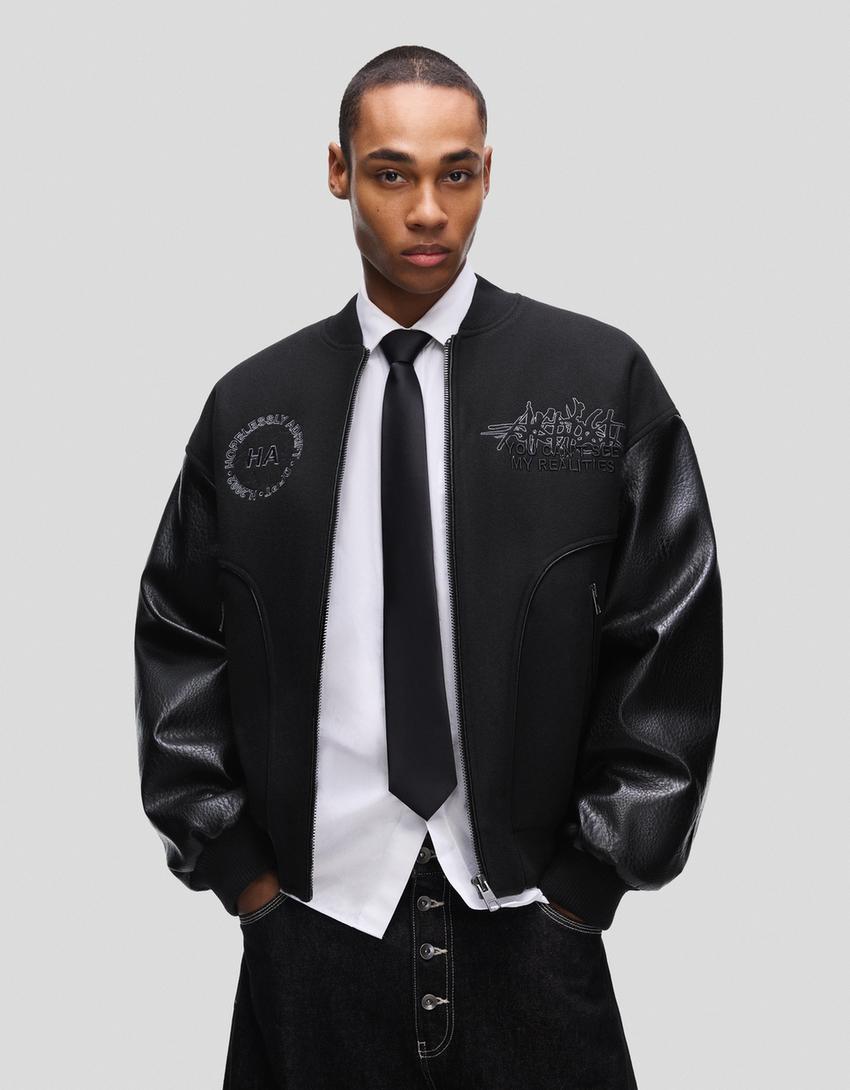 Cloth jacket with leather effect sleeves-Black