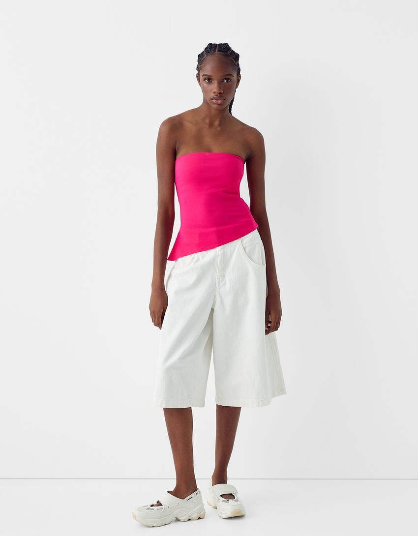 Asimetrik bandeau top-Fuşya-3