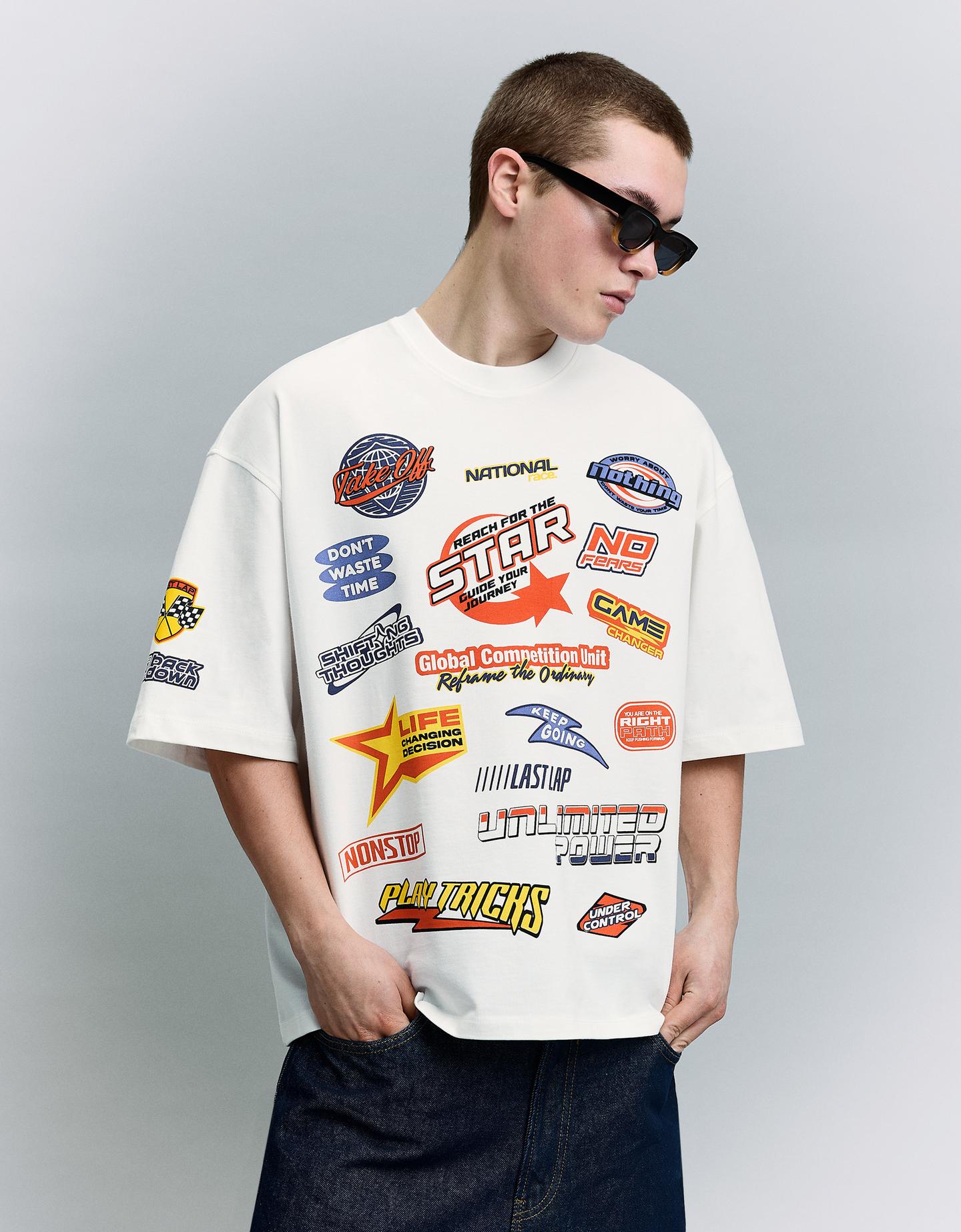 Bershka Camiseta Manga Corta Print Hombre Blanco Roto