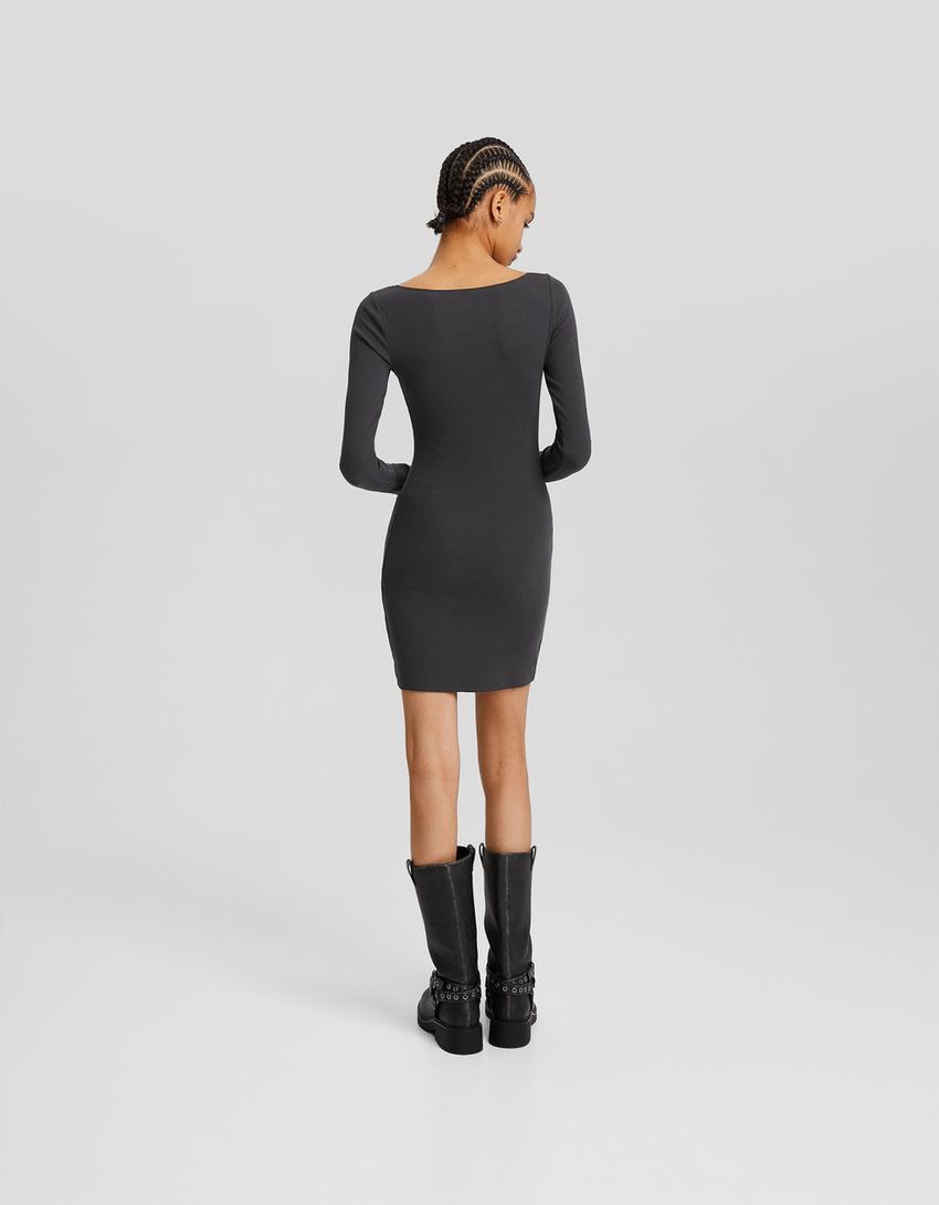 Ribbed knit boat neck long sleeve mini dress-Dark grey-2