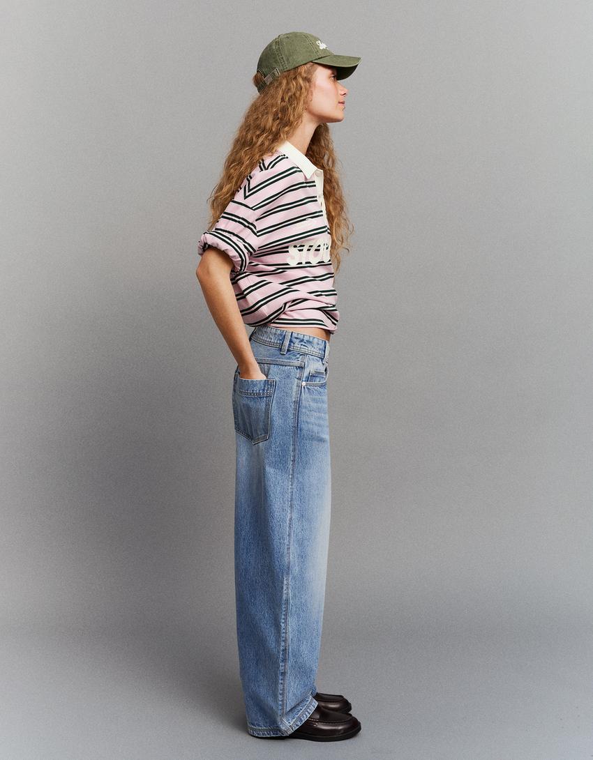Low-rise wide-leg barrel jeans with front buttons-Light blue