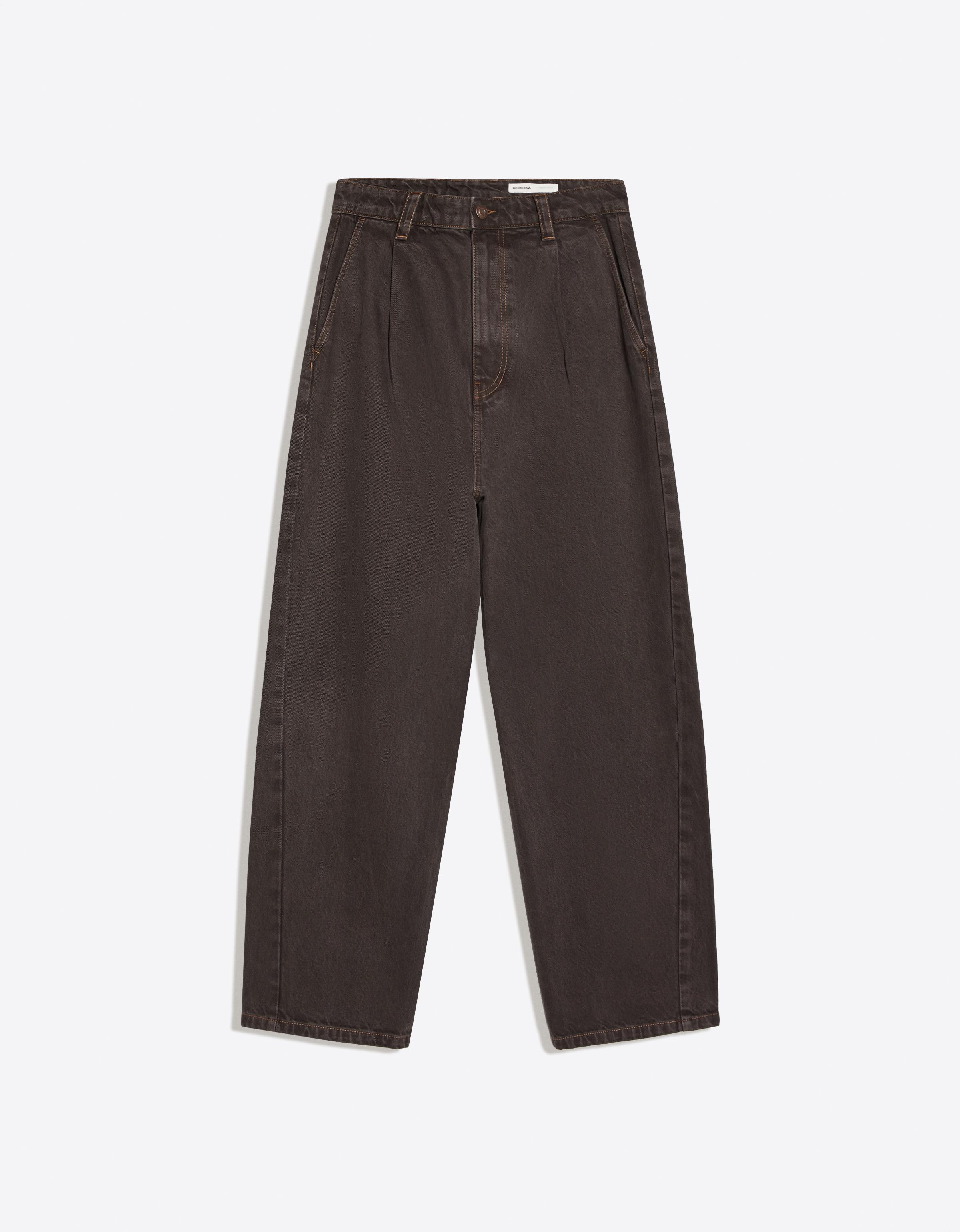 Bershka Jeans Wide Pinzas Hombre 34 Marrón