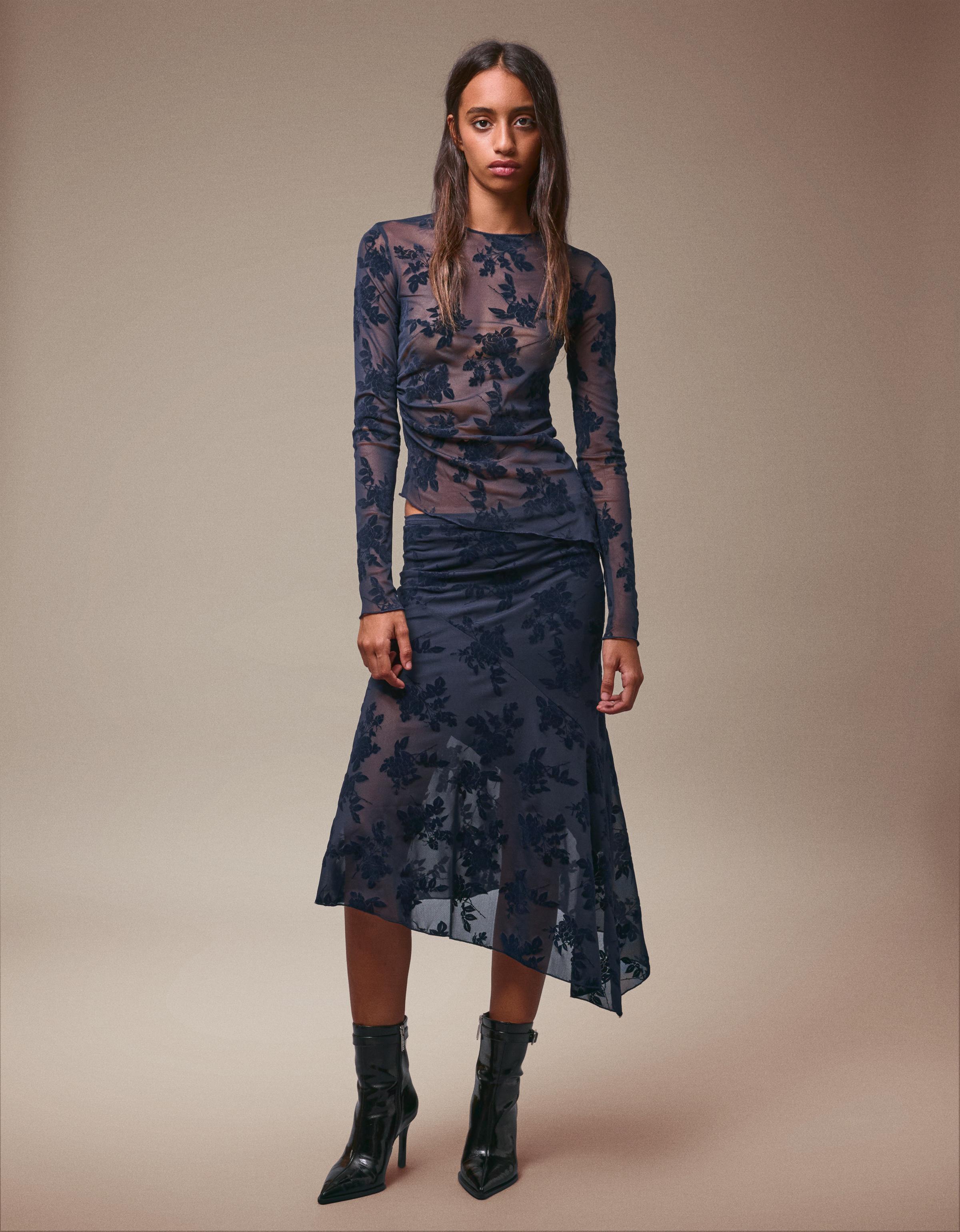 Bershka Midirock Mit Print Damen Xs Marinenblau
