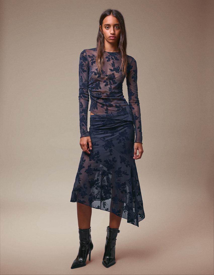 Falda midi print-Marino