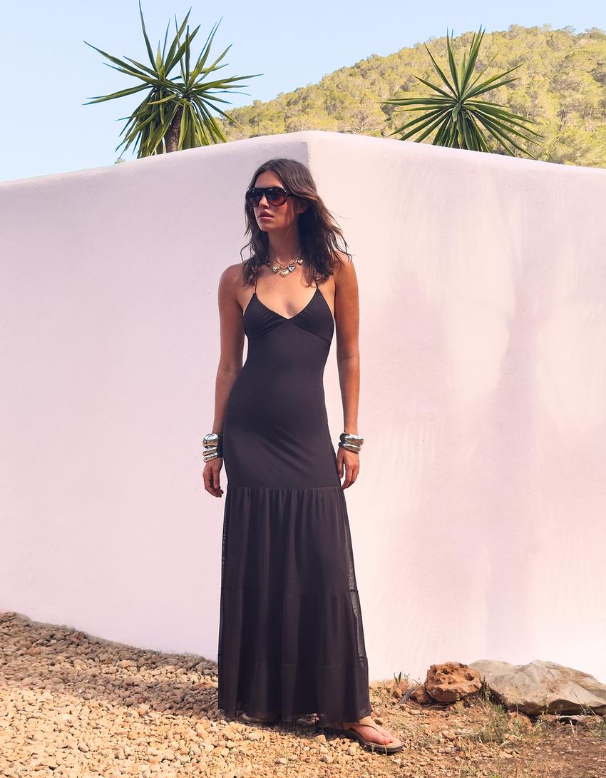Robe midi en tulle-Marron-2