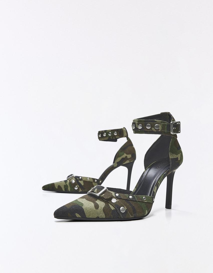 Heeled shoes with ankle strap and buckle detail-Camouflage