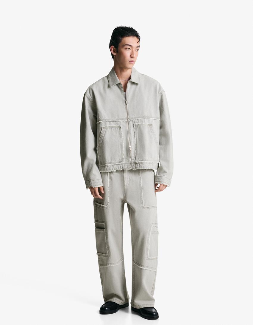 Jeans baggy fit com franjas-Cinza-0