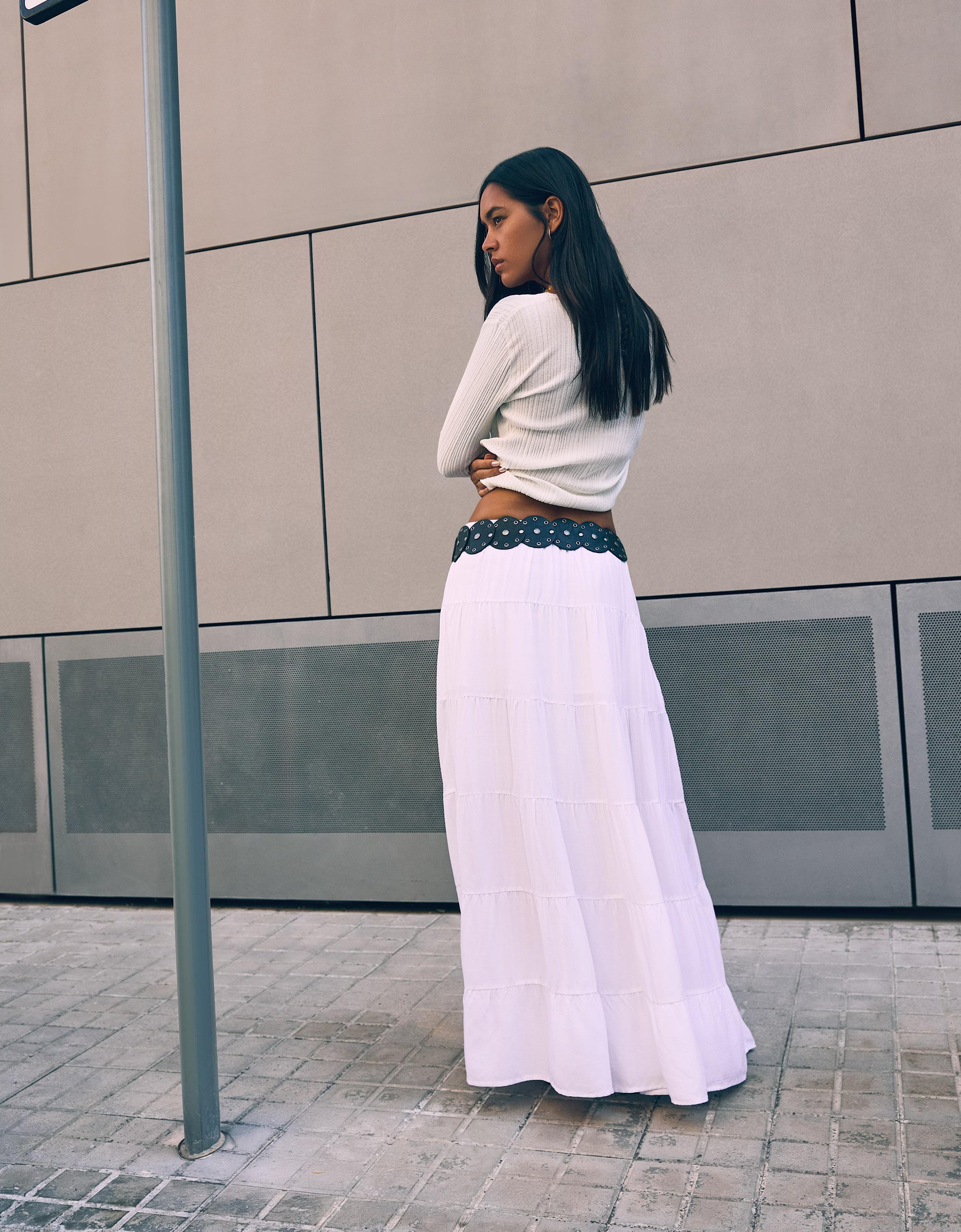 Bershka Rustikaler Midirock Damen S Weiss
