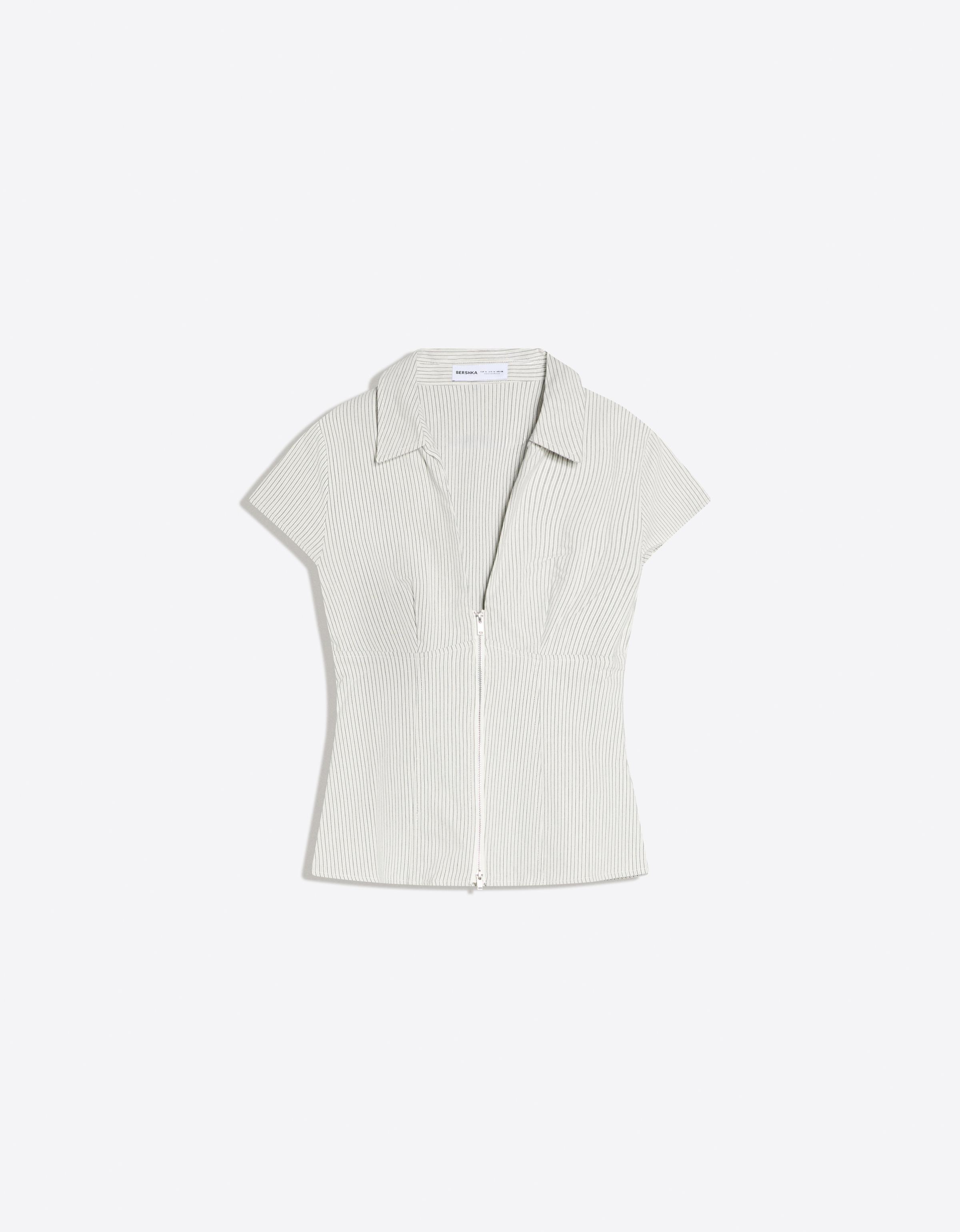 Bershka Kurzarmhemd Mit Reißverschluss Und Print Damen Xs Rohweiß