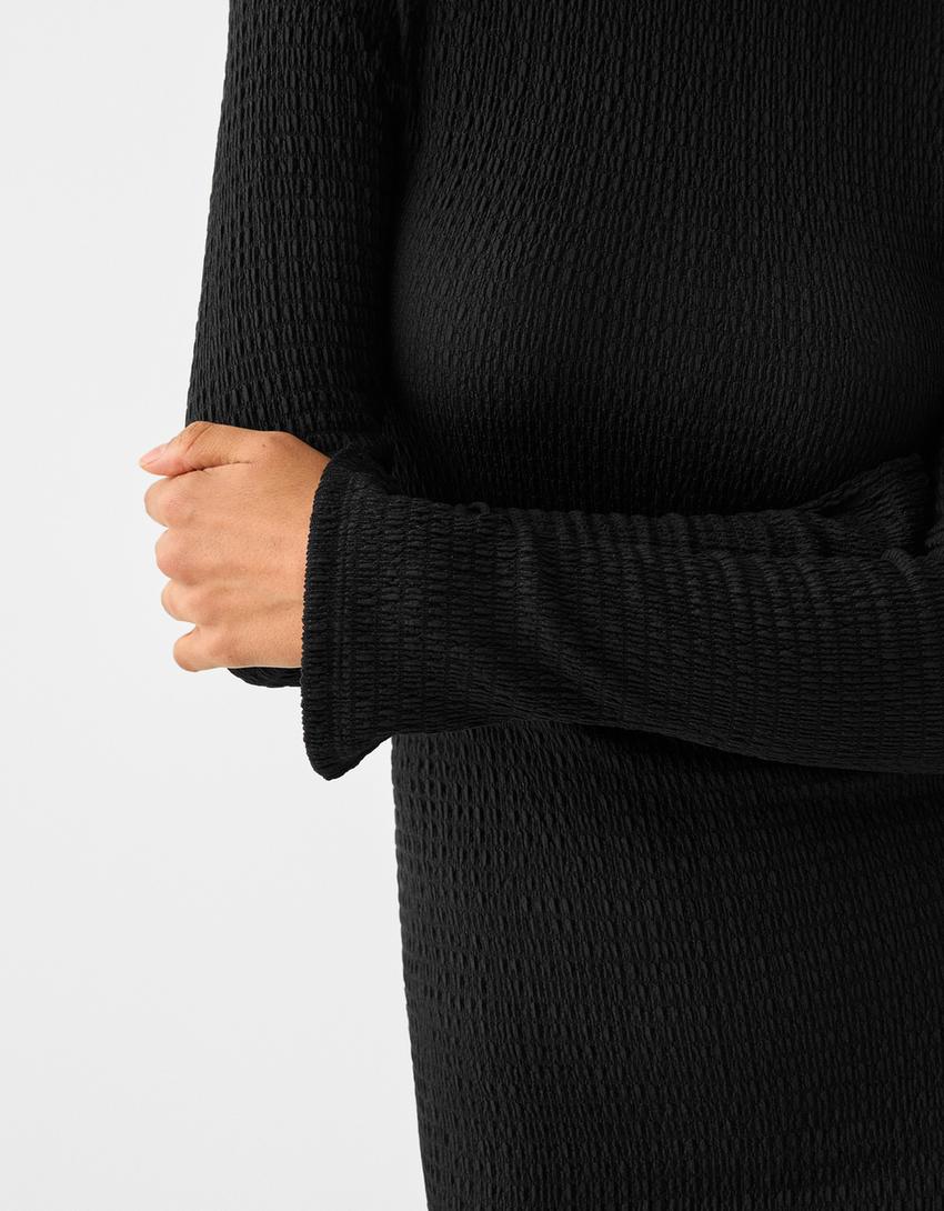 Vestido mini manga comprida efeito de waffle-Preto-6