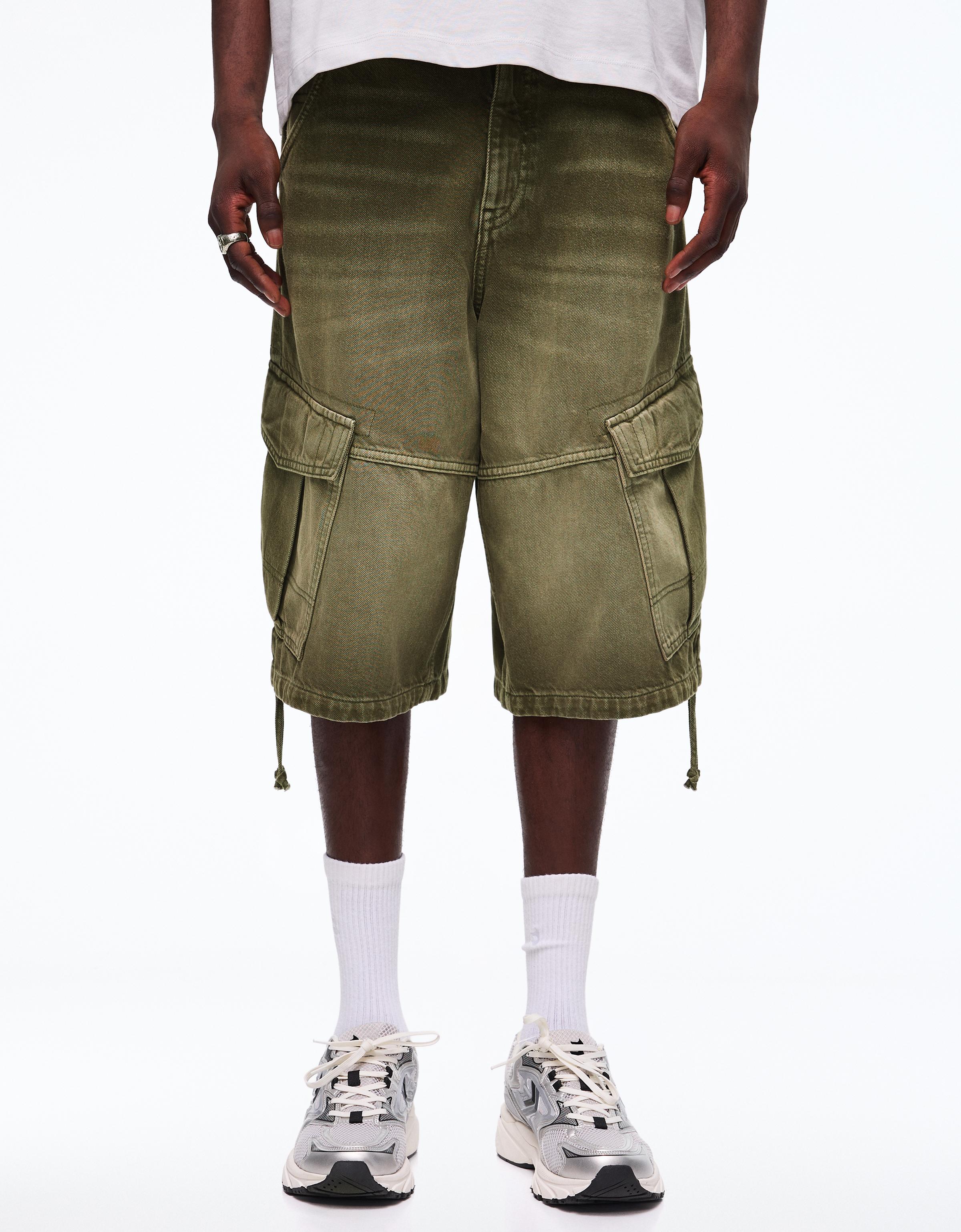 Denim cargo parachute Bermuda shorts — Khaki