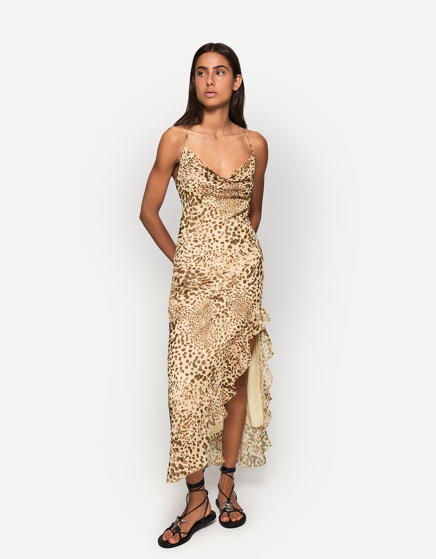 Strappy animal print midi dress-Multicolored