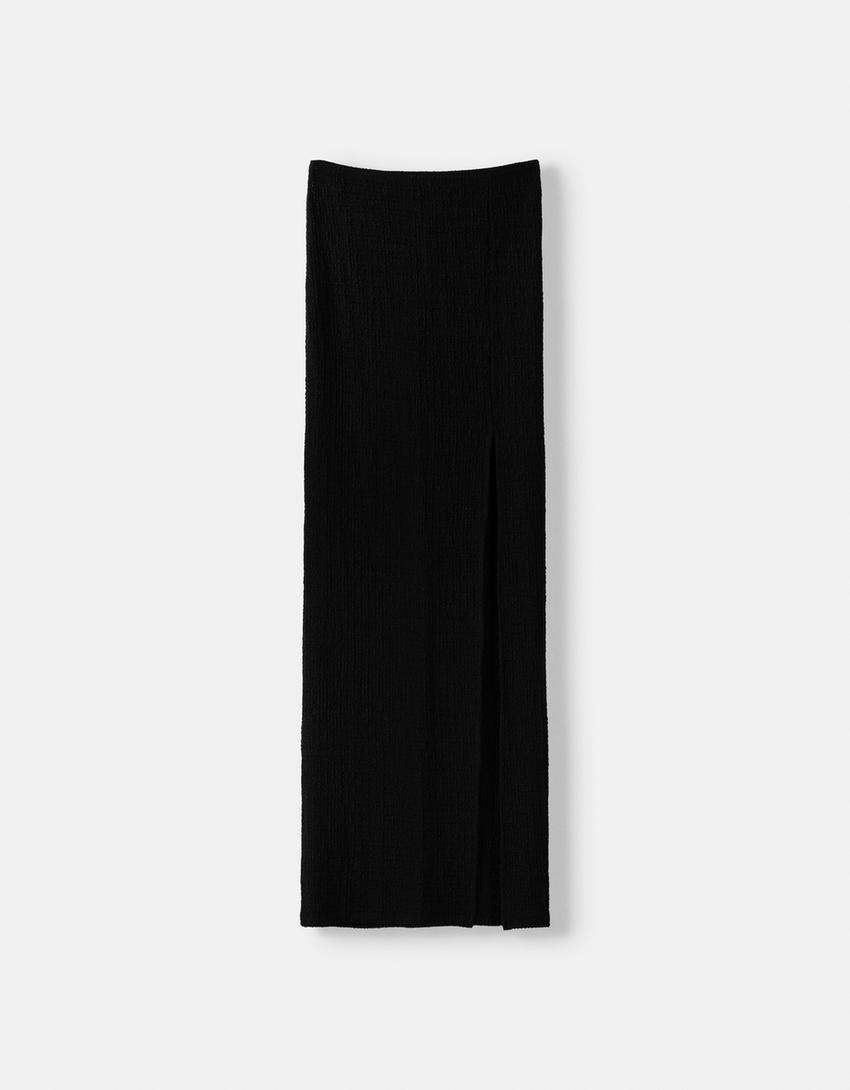 Waffle-knit midi skirt-Black-5