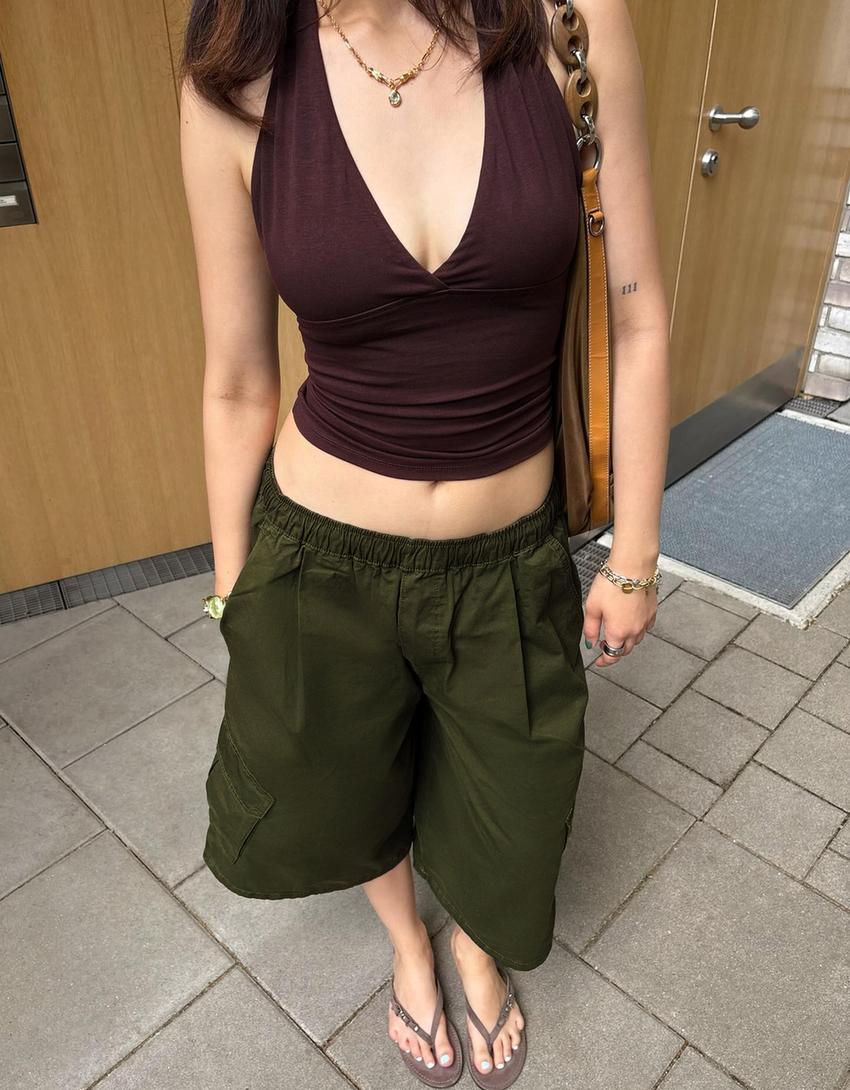 Bermuda cargo taille élastique-Kaki