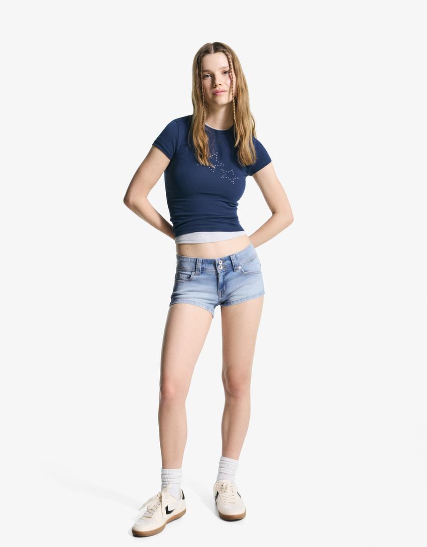 Short denim bordado-Azul lavado