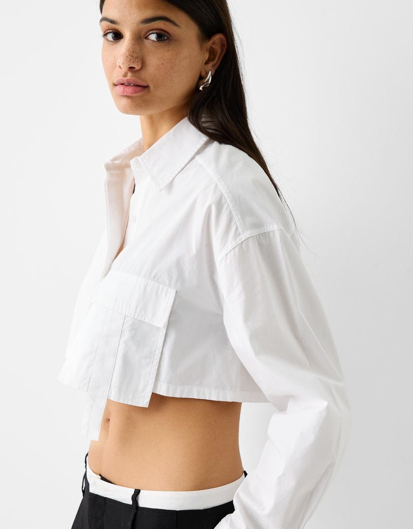 Long sleeve cropped poplin shirt with straps-White