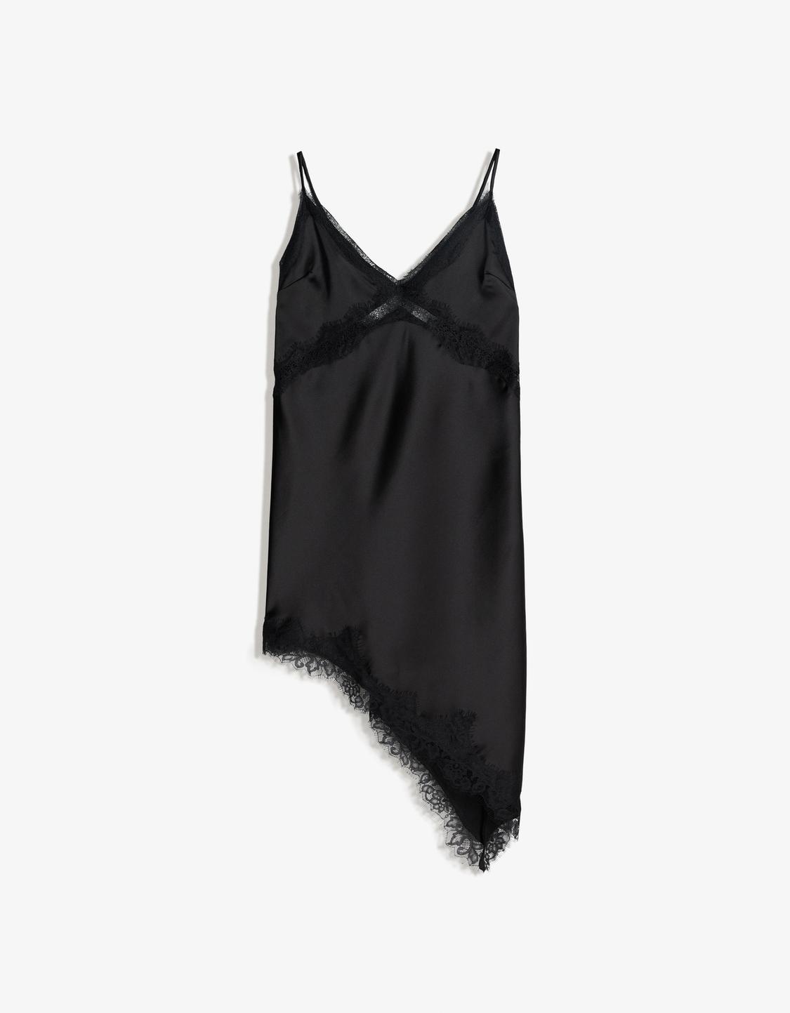 Vestido alças cetim renda assimétrico