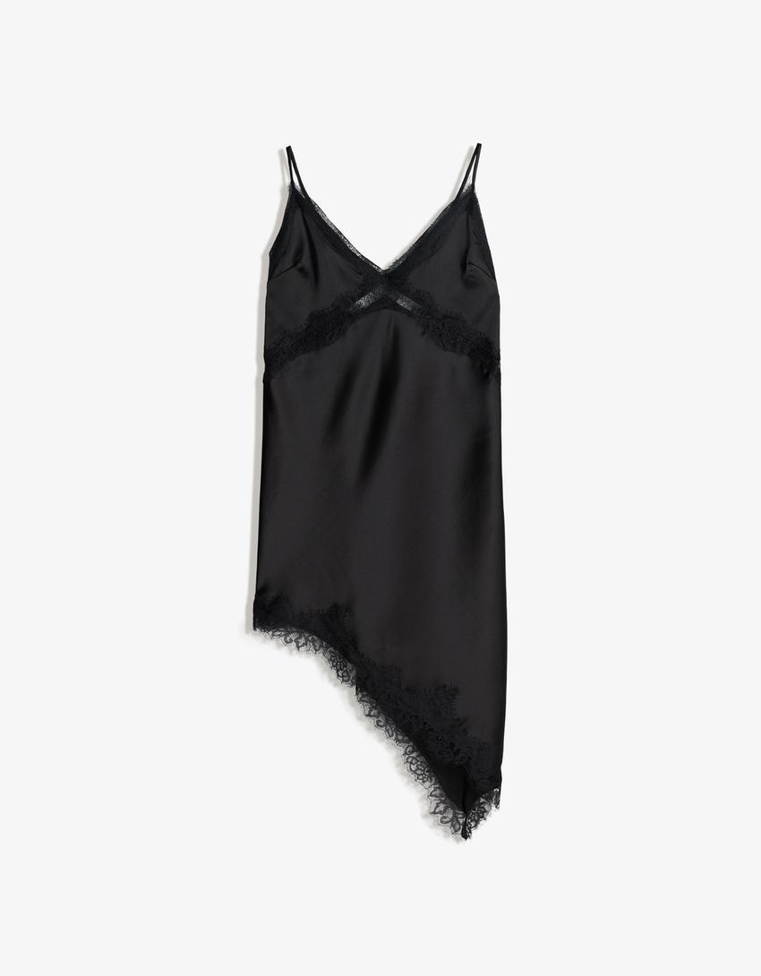 Vestido tirantes satén asimétrico-Negro