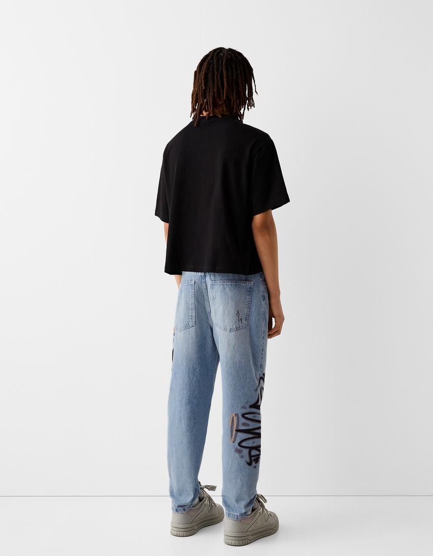 Jean loose fit imprimé-Bleu lavé-1