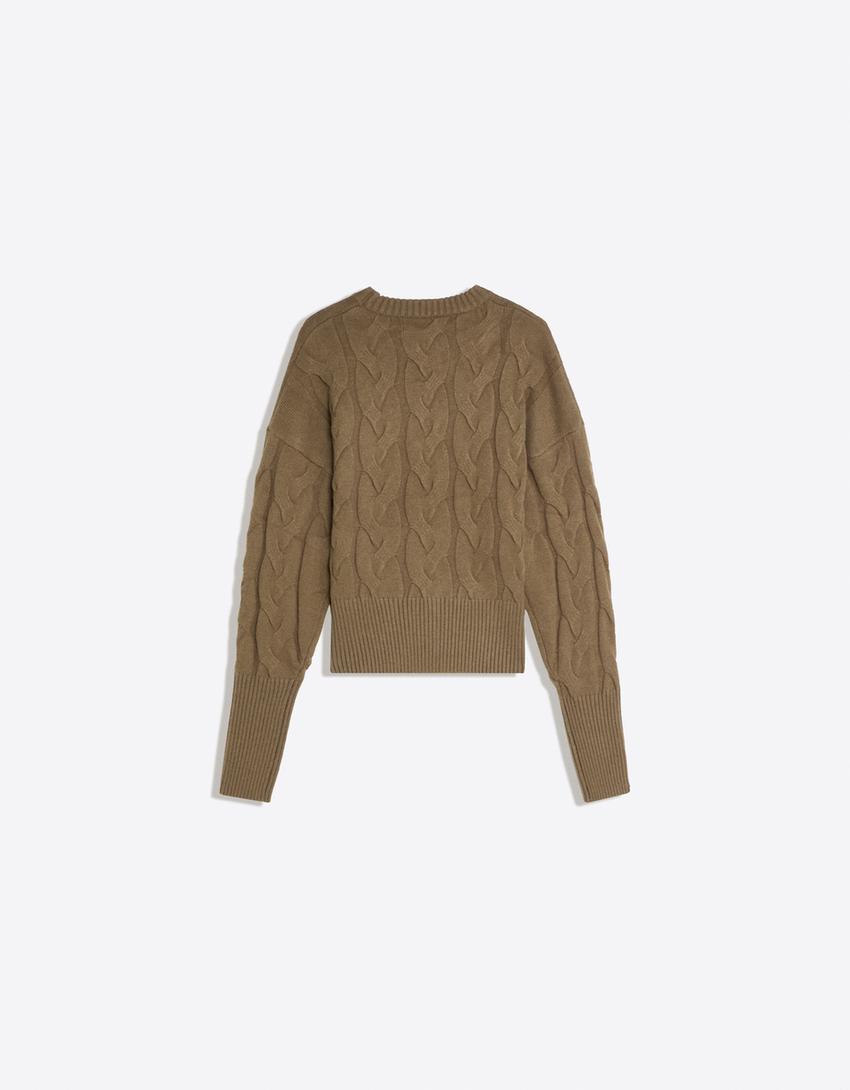Cable-knit crew neck sweater-Khaki